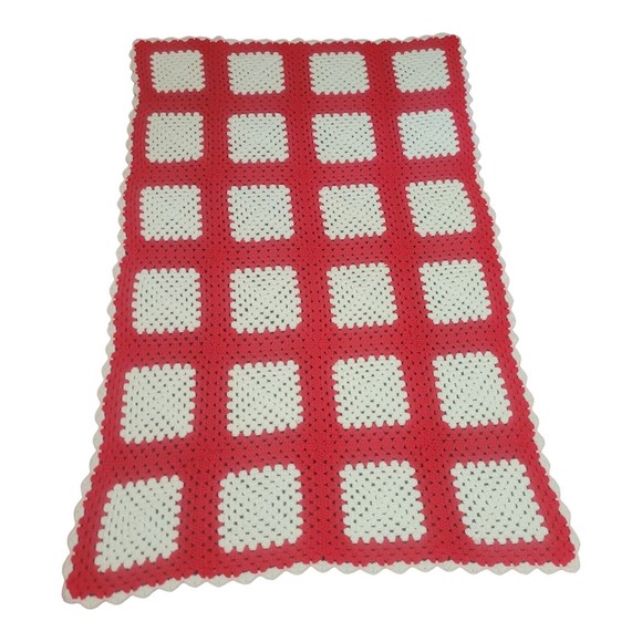 Crochet Lap Blanket Afghan Geometric Square Red White Throw Approx. 60in… - Picture 2 of 6